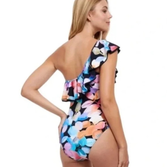 New! Profile by Gottex Color Rush Black Ruffle One Shoulder One Piece Swimsuit‎ - Picture 2 of 7